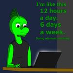  cartoon computer dark english_text green_skin iguana lizard male reptile scalie spikes table text the_truth 