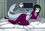  bed breasts female fin fish jack_skellington kloudmutt looking_at_viewer lying marine purple_eyes shark two_tone_hair vixys 