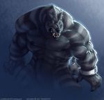  abs anthro balls beefy biceps big big_muscles body_markings canine chain claws fangs fur green_eyes grey_fur huge_muscles male mammal markings muscles neodokuro nipples nude pecs pose shackles sheath solo stripes toned vverevvolf were werewolf wolf 