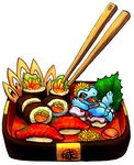  chopsticks feral food haychel japanese_text nintendo plain_background pok&#233;mon pok&eacute;mon red_eyes rice size_difference solo sushi text totodile tray tuna video_games vore white_background 