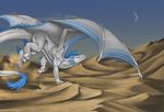  ambiguous_gender blue_hair desert dragon feral hair moon outside sand scalie sky solo tojo_the_thief western_dragon white_dragon white_scales wings yellow_eyes 