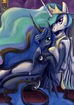  aburd_res anthro anthrofied blue_eyes blue_hair blush breasts caindra clothed clothing crown cutie_mark equine female friendship_is_magic hair hi_res horn horse long_hair looking_at_viewer mammal multi-colored_hair my_little_pony panties pony princess princess_celestia_(mlp) princess_luna_(mlp) purple_eyes royalty shirt signature smile underwear unicorn winged_unicorn wings 