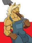  anthro biceps blue_eyes bulge clothing droll3 dungarees elliot_(droll3) equine fur hair horse hyper long_hair looking_at_viewer male mammal muscles nipples overalls parody pecs poland pose shovel solo world_war world_war_2 ww2 