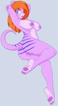  anthro big_breasts breasts female hair hindpaw looking_at_viewer mammal marsupial nipples nude open_mouth orange_hair paws pink_body pinup plain_background plantigrade pose pussy raised_arm skidd soles solo stripes thylacine toes 