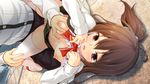  blush breast_grab breasts brown_hair censored game_cg hinasaki nipples nopan open_shirt seifuku tagme_(character) thighhighs tsuisou_no_augment 