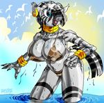  anthro anthrofied beach big_breasts bikini breasts cleavage clothed clothing cutie_mark davide76 ear_piercing equine female friendship_is_magic happy jewelry mammal mane my_little_pony navel nipples outside piercing seaside skimpy solo stripes swimsuit tight_clothing tribal water wet zebra zecora_(mlp) 