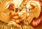  arcanine bed blue_eyes blush canine claws digitigrade female feral fluffy_tail fur hindpaw lying mammal nintendo nude on_back orange_fur paws pok&#233;mon pok&eacute;mon pussy soles solo spread_legs spreading tamanosuke toes video_games 