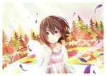  blush brown_hair church dress dutch_angle flower forest grass highres inaba_himeko jewelry kokoro_connect light_rays looking_down monaral-jiro nature necklace open_mouth path petals pine_tree pov red_eyes road short_hair solo sunbeam sunlight surprised teardrop tears tree wind 
