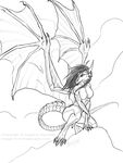  body_markings breasts crouching dragon female hair horn long_hair markings monochrome sketch solo soulscape wings 