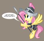 blue_eyes english_text equine female feral fluttershy_(mlp) flying friendship_is_magic hair helmet horse mammal my_little_pony pegasus pink_hair plain_background polearm pony ric-m solo spear text wings 
