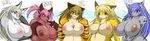  big_breasts blonde_hair blue_eyes blue_hair blush breast_squish breasts brown_hair bust canine embarrassed feline female hair holding_breasts huge_breasts japanese_text leopard mammal nipples nude pink_hair snow_leopard text tiger translated translation_request wolf ymbk 