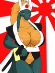  amber_eyes areola ayame_(droll3) big_breasts bottomless breasts cleavage clothed clothing dragon droll3 fangs female field_marshall hair half-dressed headband horn i japan long_hair looking_at_viewer nipples parody pussy reptile samurai scalie sword weapon world_war world_war_2 ww2 
