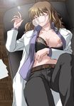  1girl bangs belt bra breast_slip breasts brown_hair camussteed cleavage eyes_closed glasses indoors lab_coat labcoat large_breasts lens_flare long_hair milf nipples open_clothes open_shirt pants sleeping solo teacher unconscious underwear undressing 