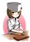  alternate_costume blonde_hair blush chef_hat cooking crescent cutting_board flat_top_chef_hat flying_sweatdrops harusame_(unmei_no_ikasumi) hat holding lunasa_prismriver short_hair solo sweat touhou yellow_eyes 