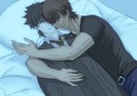  black_eyes black_hair brown_hair cross cross_necklace dakimakura_(object) emiya_kiritsugu facial_hair fate/zero fate_(series) jewelry kotomine_kirei natsu_yasai necklace pillow sleeping stubble 