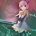  1girl alfa_system braid capelet dress green_eyes hairband leaf leaves pantyhose pasca_kanonno pink_hair ribbon short_hair sword tales_of_(series) tales_of_the_world_radiant_mythology weapon 