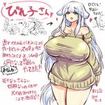  1girl animal_ears bare_shoulders blue_hair bottomless breasts curvy dog_ears dog_tail erect_nipples female green_eyes heart huge_breasts long_hair open_mouth original sina_and_d solo standing tail thighs translation_request 