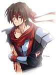  arc_(arc_the_lad) arc_the_lad armor blood brown_eyes brown_hair coat headband injury male_focus red_scarf scarf shuri_yasuyuki smile solo torn_clothes white_background 
