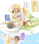  1girl ahoge bed black_hair blonde_hair blush jude_mathis labcoat long_hair lying midriff milla_maxwell open_clothes open_shirt pillow purple_eyes shirt sinaooo skirt sleeves_rolled_up stethoscope strapless tales_of_(series) tales_of_xillia tubetop 