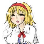  alice_margatroid blonde_hair blush capelet closed_eyes commentary dress heavy_breathing open_mouth seki_(red_shine) sexually_suggestive short_hair solo sweat touhou trembling 