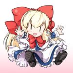  apron blue_dress bow capelet chibi dress frilled_dress frills hair_bow long_hair long_sleeves nogisaka_kushio open_mouth outstretched_arms outstretched_hand shanghai_doll smile solo touhou waist_apron |_| 