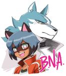  anthro brand_new_animal canid canine canis clothing duo female hi_res john_joseco looking_at_viewer male mammal michiru_kagemori open_mouth raccoon_dog shirou_ogami simple_background studio_trigger tanuki white_background wolf 