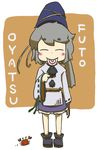  blush blush_stickers candy closed_eyes crab food hat japanese_clothes kariginu long_sleeves mononobe_no_futo peconica ponytail short_hair silver_hair skirt smile solo tate_eboshi touhou wide_sleeves 