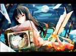  arrow bamboo black_hair closed_eyes cloud daidai_(nana1234567) full_moon glass houraisan_kaguya long_hair moon multiple_girls night night_sky pink_eyes sky television touhou water white_hair yagokoro_eirin 