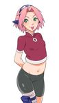  arms_behind_back back bandage bike_shorts blush breasts condom condom_in_mouth cowboy_shot crop_top female green_eyes haruno_sakura headband headdress karasu karasumaru konohagakure_symbol kyosu looking_at_viewer midriff mouth_hold naruto navel pink_hair red_shirt shirt short_hair short_sleeves shorts simple_background skin_tight skindentation small_breasts smile solo thigh_strap white_background 