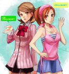  bandana bow brown_eyes brown_hair camisole choker crossover jewelry megami_ibunroku_devil_survivor multiple_girls oyuyamio persona persona_3 ribbon school_uniform short_hair skirt striped takeba_yukari tanigawa_yuzu 