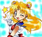  90s araizumi_rui_(style) back_bow bad_id bad_pixiv_id bishoujo_senshi_sailor_moon blonde_hair blue_eyes blue_sailor_collar bow choker double_bun earrings eiri fang gloves hair_ornament hairpin jewelry long_hair magical_girl one_eye_closed parody red_bow red_choker ribbon sailor_collar sailor_moon sailor_senshi_uniform slayers smile solo style_parody tiara tsukino_usagi twintails v white_gloves 