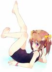  barefoot blush brown_hair full_body groin hair_ribbon legs_up lying meito_(maze) on_back one-piece_swimsuit original pink_eyes ribbon school_swimsuit solo swimsuit twintails 