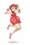  bare_shoulders bracelet dress food fruit green_eyes hair_ribbon jewelry meago original personification raspberry red_hair ribbon short_hair signature simple_background sketch slippers solo tongue tongue_out 