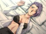  1girl bed blush bra chain_the_lost_footprints chain_ushinawareta_sokuseki lying makabe_hitomi mutou_keiji purple_hair short_hair underwear yamane_masahiro zyx 