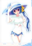  absurdres adjusting_clothes adjusting_hat bikini_bottom blue_hair breasts copyright_request covered_nipples food frills front-tie_top hat highres large_breasts nanao_naru popsicle purple_eyes shirt side_ponytail solo straw_hat sun_hat taut_clothes taut_shirt tied_shirt tongue 