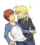  1boy 1girl blonde_hair blush couple emiya_shirou fate/stay_night fate/zero fate_(series) formal gloves gold_eyes green_eyes nahori_(hotbeans) necktie ponytail raglan_sleeves red_hair saber sparkle sparkles suit tie yellow_eyes 