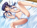  1girl bed black_rainbow blue_hair blush bra breasts foot game_cg looking_at_viewer navel panties pillow smile solo spread_legs thighhighs underwear ura_saiminjutsu_2 white_bra white_panties yellow_eyes 