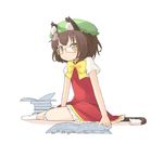  animal_ears bespectacled book brown_eyes brown_hair cat_ears cat_tail chen commentary glasses looking_at_viewer nakashino_setsu open_book short_hair simple_background sitting socks solo tail touhou white_background 