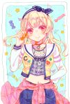  1girl bang_dream! bangs blonde_hair blue_ribbon blush candy choker clothes_around_waist crop_top denim earrings food frilled_shirt frills hair_ribbon hairband hand_on_hip heart heart_choker holding_candy jacket jeans jewelry long_hair long_sleeves looking_at_viewer midriff navel pants patch pink_shirt pocket red_choker red_eyes ribbon sailor_collar shirasagi_chisato shirt shirt_around_waist solo yukina_(yuki_hanana) 