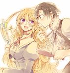  1girl black_hair blonde_hair brown_eyes gradient_hair green_hair hair_brush jude_mathis long_hair milla_maxwell mirror multicolored_hair purple_eyes sinaooo tales_of_(series) tales_of_xillia 