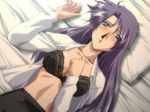  1girl bed blush bra chain_the_lost_footprints chain_ushinawareta_sokuseki long_hair lying makabe_hitomi mutou_keiji open_clothes open_shirt purple_hair shirt underwear yamane_masahiro zyx 