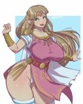  1girl bokuman breasts brown_hair curvy dress eyebrows green_eyes huge_breasts large_breasts long_hair nintendo open_mouth pointy_ears princess_zelda simple_background smile solo the_legend_of_zelda thick_thighs thighhighs thighs wide_hips 