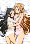  absurdres asuna_(sao) bed_sheet black_hair bow bow_bra bra breasts brown_hair camisole cleavage hand_on_another's_head highres leg_between_thighs lingerie long_hair medium_breasts multiple_girls navel nishiguchi_tomoya nyantype official_art panties pillow pink_bra pink_panties scan see-through side-tie_panties sword_art_online underwear underwear_only white_panties yui_(sao) 