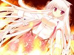  bow chamo fire fujiwara_no_mokou jpeg_artifacts long_hair navel red_eyes ribbons shirt touhou white_hair 