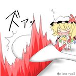  &gt;_&lt; :3 black_eyes blonde_hair blush closed_eyes crystal fang flandre_scarlet hat lowres open_mouth rebecca_(keinelove) red_eyes rice_spoon short_hair solo spoon touhou wings x3 