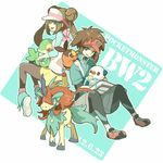  1girl blue_eyes brown_eyes brown_hair copyright_name double_bun gen_5_pokemon keldeo kyouhei_(pokemon) leggings legwear_under_shorts long_hair mei_(pokemon) oshawott pantyhose pokemon pokemon_(creature) pokemon_(game) pokemon_bw2 raglan_sleeves shorts sitting smile snivy tasuku_(bixbite) tepig twintails visor_cap 