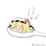  black_eyes blonde_hair blush crystal fang flandre_scarlet hat lowres open_mouth rebecca_(keinelove) red_eyes rice_spoon short_hair solo spoon touhou uu~ wings yukkuri_shiteitte_ne 