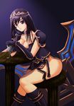  armor black_hair boomerang boots breasts chair choker cleavage glass gloves hand_on_own_chin huge_weapon league_of_legends long_hair medium_breasts purple_eyes qinglong_zaitian shoulder_pads sitting sivir solo table thigh_strap tiara vambraces weapon 