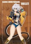  belt blazblue blazblue:_chronophantasma breasts bullet_(blazblue) cleavage dark_skin denim denim_shorts elbow_pads fingerless_gloves gloves jacket large_breasts navel rud-k scar short_hair short_shorts shorts silver_hair solo spikes zoom_layer 