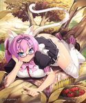  :&lt; animal_ears arm_support bad_id bad_pixiv_id blue_eyes blush cat_ears cat_tail cheshire_cat_(shingeki_no_bahamut) chin_rest glasses in_tree looking_at_viewer lying mel/a no_panties on_stomach pink_hair shingeki_no_bahamut sitting sitting_in_tree solo tail thighhighs tomato tree water watermark white_legwear 
